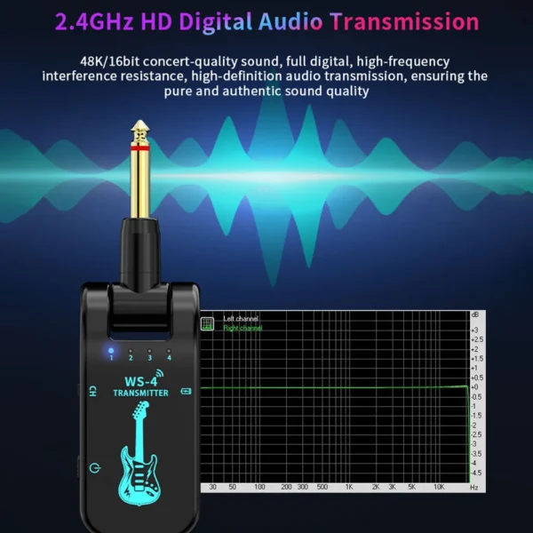 Transmisor y receptor de guitarra inalámbrico, sistema de transmisión en tiempo Real, 2,4G, 48K/16 bits, enchufe giratorio de 282 grados para guitarras - Imagen 6