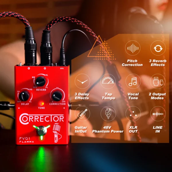 FLAMMA-procesador de efectos vocales FV01, corrección de paso con efectos de reverberación retardada, amplificador de micrófono, guitarra Stompbox - Imagen 2