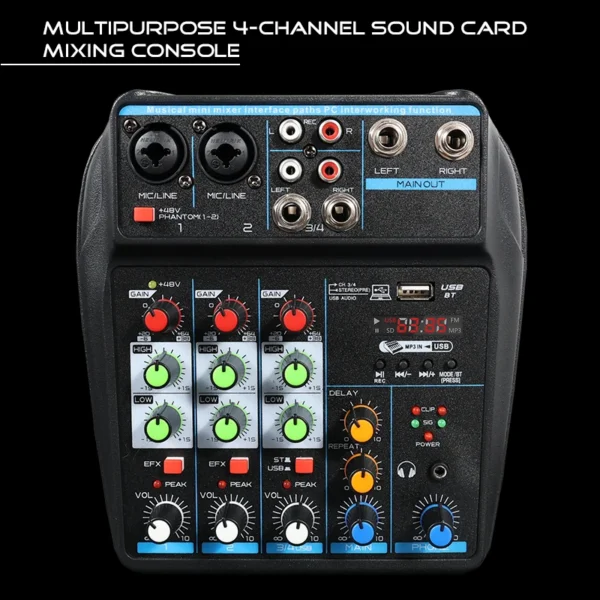 Consola mezcladora de 4 canales para DJ, mezclador de Audio Bluetooth, alimentación fantasma de 48V, sistema de Karaoke, USB - Imagen 6