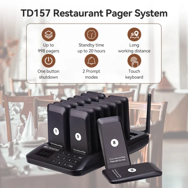 Retekess TD157 buscapersonas para restaurantes ,sistema de llamadas Inalámbrico,posavasos buscapersonas ,receptor de timbres para comida camio cafetería barra tienda comida rapida accesorios restaurantes Iglesia - Imagen 2