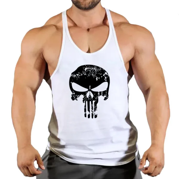 Ropa con estampado de calavera para hombre, camisetas sin mangas de algodón para gimnasio y culturismo, chaleco de entrenamiento muscular - Imagen 3