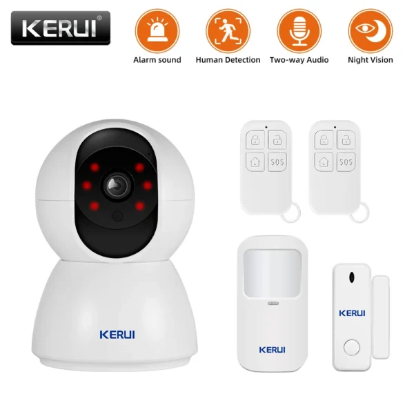 KERUI-sistema de alarma para seguridad del hogar, cámara multifunción, Kit de vigilancia con Detector de movimiento, Sensor de puerta, seguimiento automático