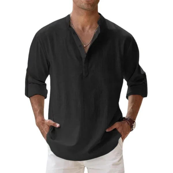 Nuevas camisas de lino y algodón para hombres, camisas casuales, camisas ligeras de manga larga Henley Beach, camisetas hawaianas para hombres - Imagen 2