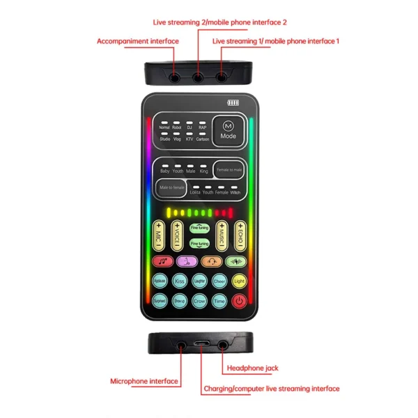 Cambiador de voz H i9, Mini efecto de Audio múltiple, tarjeta de sonido en vivo Compatible con Bluetooth, tarjeta de sonido en vivo portátil ultrafina, herramienta de micrófono - Imagen 3