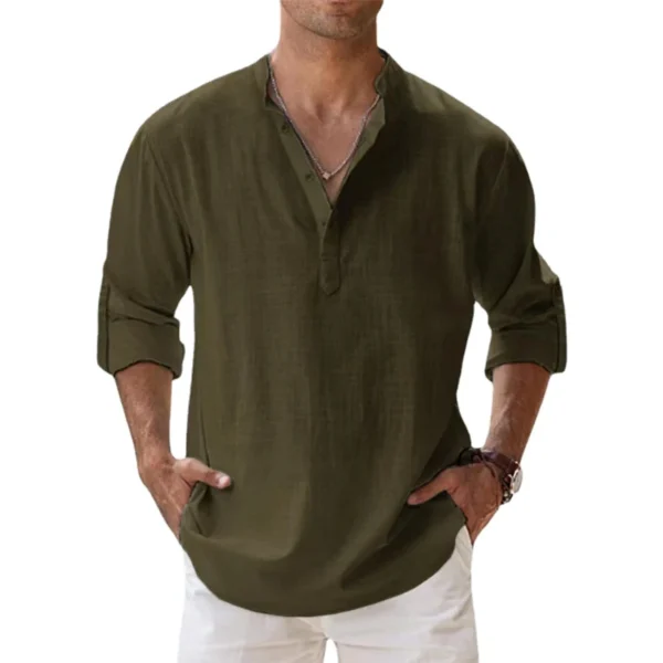 Nuevas camisas de lino y algodón para hombres, camisas casuales, camisas ligeras de manga larga Henley Beach, camisetas hawaianas para hombres - Imagen 5