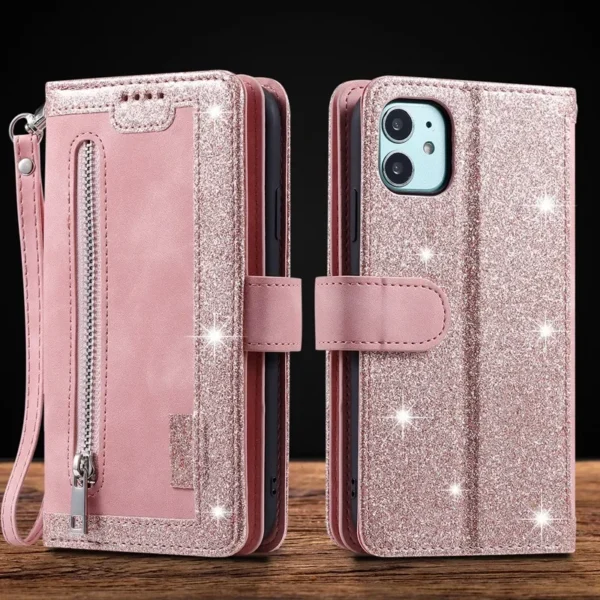 Funda de cuero PU con cremallera y 9 ranuras para tarjetas para iPhone, 15 Pro Max, 15 Pro, 15 Plus, 15, 14, 13, 12, 11, XR, 6, 7, 8, SE - Imagen 2