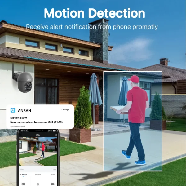 ANRAN 1296P WiFi Cámara con batería solar 355 ° Cámara de vigilancia de seguridad con rotación, alarma de sirena de detección humanoide inalámbrica para exteriores - Imagen 3