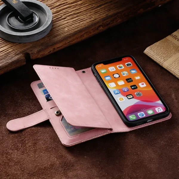 Funda de cuero PU con cremallera y 9 ranuras para tarjetas para iPhone, 15 Pro Max, 15 Pro, 15 Plus, 15, 14, 13, 12, 11, XR, 6, 7, 8, SE - Imagen 4