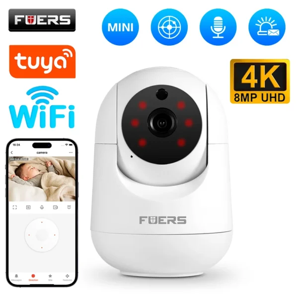 Fuers-cámara de vigilancia inalámbrica para interiores, Monitor de bebé de seguridad CCTV con seguimiento automático, 4K, 8MP, IP, Tuya, WiFi