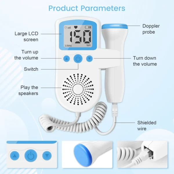 Doppler Fetal portátil de bolsillo para bebé, máquina detectora de ultrasonido para embarazo, Monitor de ritmo cardíaco - Imagen 4