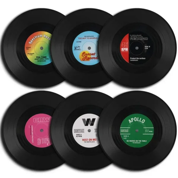 Juego de posavasos de disco de vinilo Retro colorido para bebidas, juego de posavasos de disco de vinilo, decoración de mesa de centro, 6 unidades