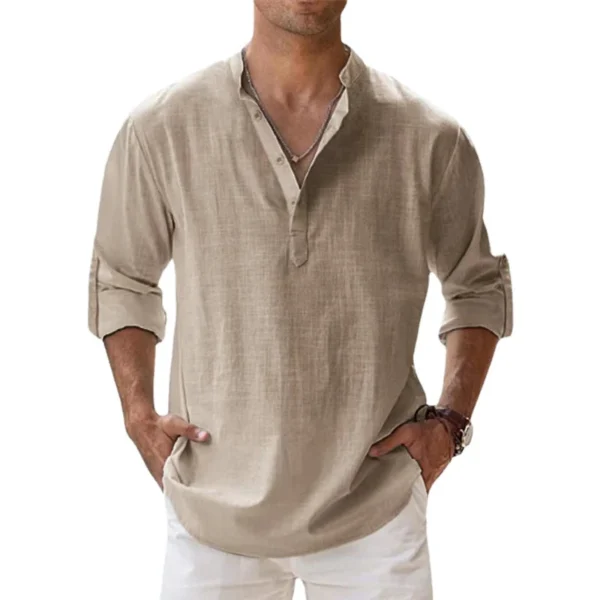 Nuevas camisas de lino y algodón para hombres, camisas casuales, camisas ligeras de manga larga Henley Beach, camisetas hawaianas para hombres - Imagen 3