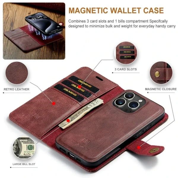 Funda de cuero para IPhone 16, 15, 14, 13, 12, 11 Pro Max Plus, funda tipo billetera desmontable 2 en 1, carcasa con tapa magnética, ranura para tarjetas a prueba de golpes - Imagen 3