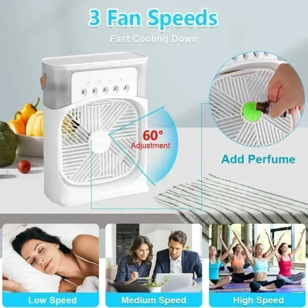 Ventilador 3 en 1 para el hogar, Enfriador de aire pequeño con luz LED nocturna, Humidificador portátil, ventilador de ajuste de aire para oficina y hogar, nuevo - Imagen 5