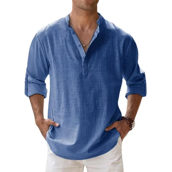 Nuevas camisas de lino y algodón para hombres, camisas casuales, camisas ligeras de manga larga Henley Beach, camisetas hawaianas para hombres - Imagen 4